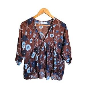 Faithfull the Brand Melia Babydoll Top Size XS Relaxed Fit Brown Blue Floral